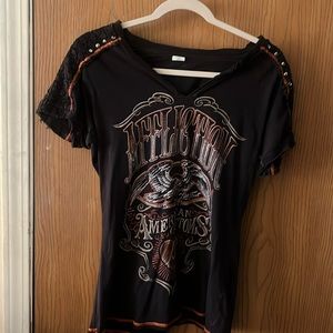 Affliction top great shape nice orange stitching. Fitted